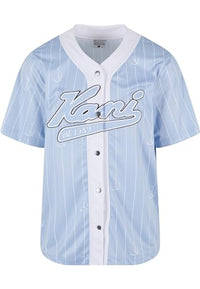Thumbnail for Karl Kani Herren KM242-008-3 Varsity Logo Pinstripe Baseball Shirt Light Blue/White im Sale