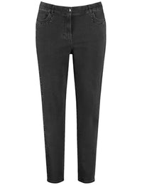 Thumbnail for Samoon Damen 5-Pocket Jeans mit Ziersteinen Betty unifarben leicht verkürztes Bein Raw Black Denim 44 im Sale