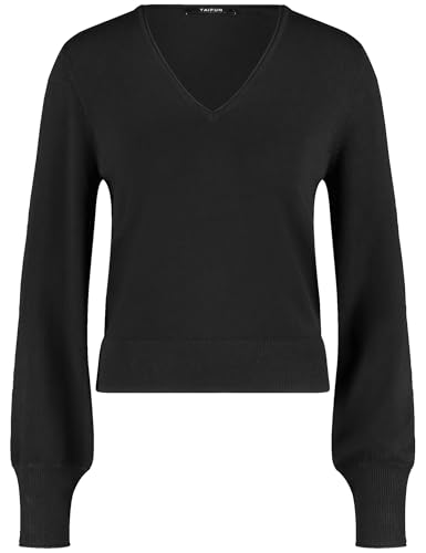 Taifun Damen Basic Pullover mit V-Ausschnitt Langarm, Ärmelbündchen unifarben Schwarz 42 im Sale