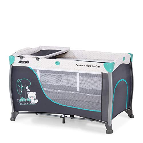 Hauck Kombi Reisebett Set Sleep N Play Center 3 / für Babys und Kinder ab Geburt bis 15 kg / 120 x 60 cm / 2 Höhen / inkl. Wickelauflage / Trage Tasche / Schlupf / Rollen / Grau Türkis im Sale