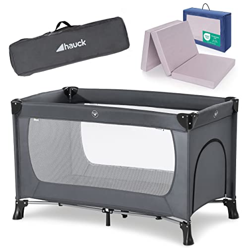 Hauck Baby Reisebett Set mit Matratze und Moskitonetz Dream n Play Plus - faltbares Kinder Babyreisebett mit Tasche und seitlichem Eingang - Grau im Sale