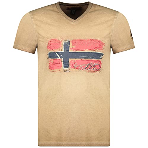 Geographical Norway JOASIS Men's T-Shirt Cotton Casual – T-Shirt Printed Logo Graphic – Short Sleeves – V-Neck Regular Fit Men (Beige, ) on Sale