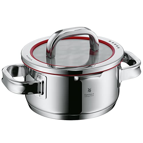 WMF Function 4 Kochtopf klein 16cm, Glasdeckel, Bratentopf Induktion 1,4l, Cromargan Edelstahl poliert, 4 Abgießfunktionen, Innenskalierung, rot im Sale