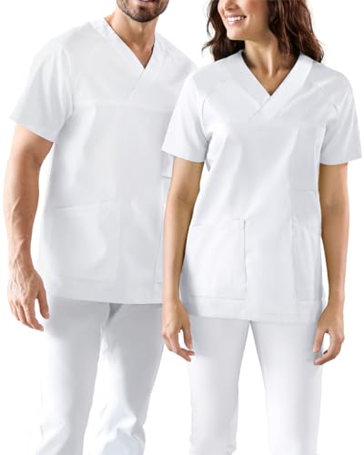 CLINIC DRESS Schlupfkasack der Kasack-Kasack V-Ausschnitt für Damen und Herren für Krankenpflege und Altenpflege 50% Baumwolle 95 Grad Wäsche 73 cm lang weiß im Sale
