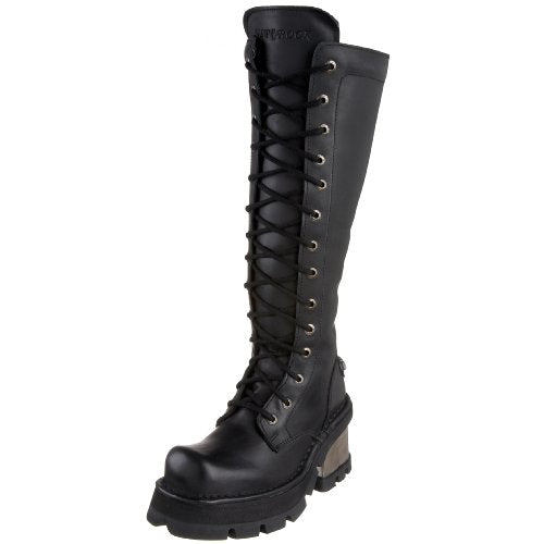 New Rock Shoes - Ladies Black Leather High Combat Boots with Metal Heel UK 5 / Black im Sale