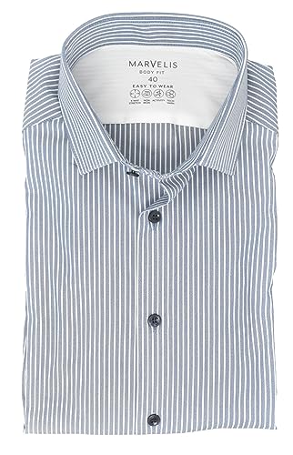 Marvelis Herren Easy to Wear Hemd Body Fit Kent Kragen Langarm Stretch Gestreift Dunkelblau, Kragenweite:39 im Sale