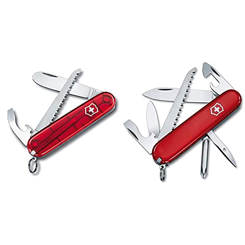Victorinox, Pocket Knife, My First Victorinox, 84 mm, red transparent (9 functions, blade, without point, bottle opener) &amp;, Pocket Knife, Hiker, 91 mm, red (13 functions, 3 mm screwdriver, blade) on sale