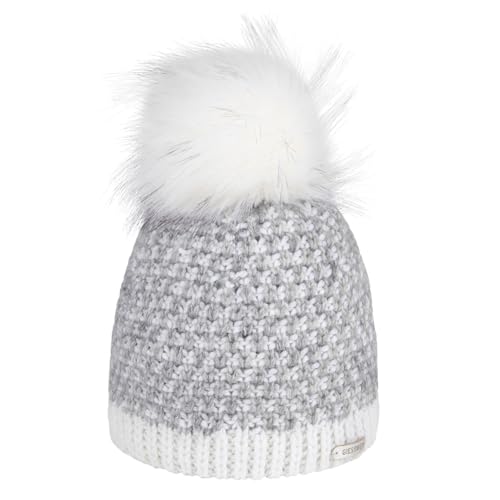 GIESSWEIN Beanie Brandstein – Damen Mütze mit Flauschigem Kunstfell-Bommel, 2-Färbig Gestrickte Wollmütze mit Fleece-Innenfutter, Stilvolle Wintermütze im Sale