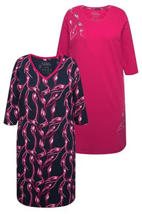 Thumbnail for Ulla Popken Women's Big Shirts, 2-pack, V-neck/Round Neck, 3/4-sleeve Nightdress, Fuchsia, 50/52 on Sale