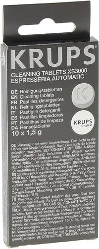 Krups Reinigungstabletten XS3000 | für alle Kaffeevollautomaten von Krups | 10 Stück | hygienische Komplett-Reinigung | einfache Verwendung, Transparent, Weiß im Sale