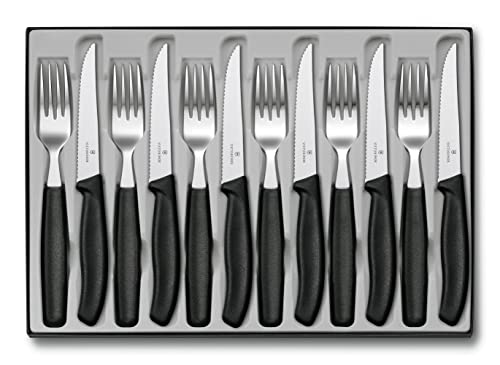 Victorinox, Swiss Classic, professional cutlery set, 12 pieces, extra sharp blade, serrated edge, 11 cm, robust plastic handle, stainless steel, black on sale
