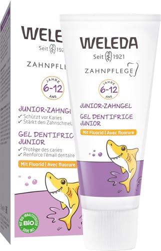 WELEDA Organic Junior Toothpaste with Fluoride – Natural cosmetic toothpaste for children ages 6-12. Natural dental care gel protects against cavities and promotes enamel hardening (vegan, 1 x 50ml) on sale