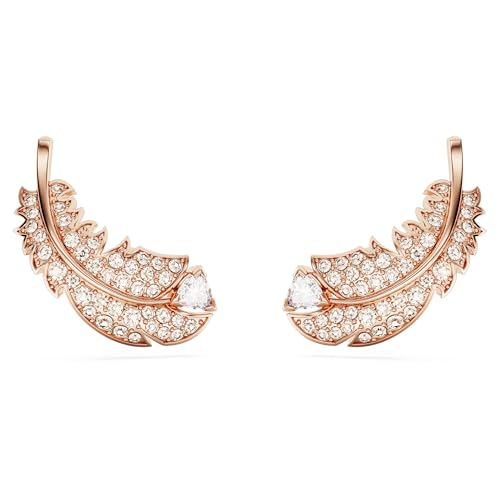 Swarovski Nice Stud Earrings, White and Rose Gold Plated Feather Earrings with Radiant Swarovski Crystals on Sale