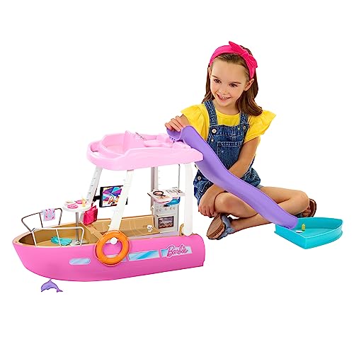 Barbie Dream Boat (111 cm), Barbie-Set mit Barbie-Boot, Rutsche und Schwimmzeug, 20+ Barbie-Zubehörteile, ohne Barbie-Puppe, als Geschenk für Kinder ab 3 Jahren geeignet, HJV37 im Sale