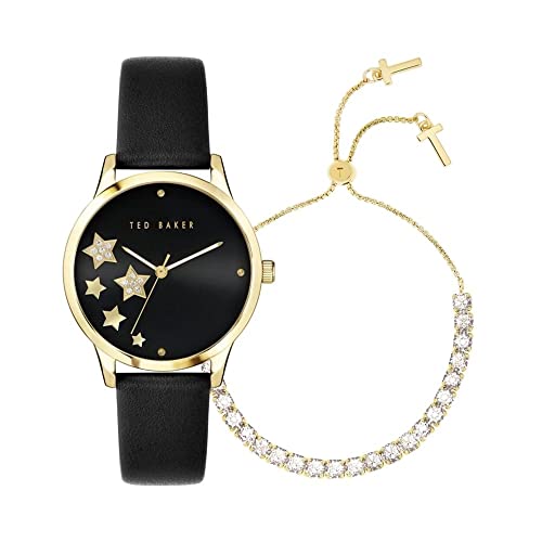 Ted Baker Starlit-Geschenkset für Damen mit schwarzem Zifferblatt und schwarzem Lederarmband, passendes goldfarbenes Armband BKGFW2217 im Sale