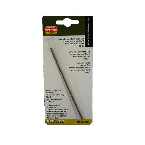 PROXXON 28112 Spuer Cut Feinschnitt Sägeblätter OHNE Querstift normal verzahnt, 12 Stück Laubsägeblätter für harte Werkstoffe wie Eisen, Pertinax im Sale