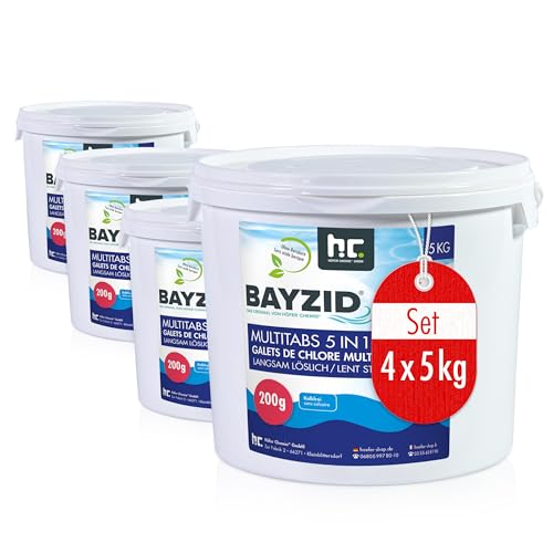 BAYZID Chlor Multitabs 5 in 1-200g Chlortabletten für Pool - 4 x 5kg - 5-Phasen Pflege & Reinigung - Made in Europe - Für kristallklares Poolwasser im Sale