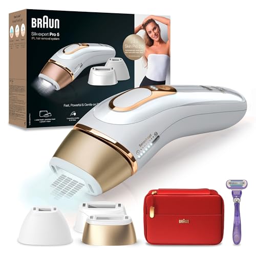 Braun IPL Silk Expert Pro 5 Hair Removal Device for Women/Men, 3 Attachments, Visible Hair Removal, Venus Razor &amp; Bag, Alternative to Laser Hair Removal, Gift for Women, PL5267, White/Gold on Sale