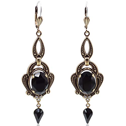 Jugendstil Ohrringe Gold Schwarz mit Markenkristallen Chandelier Ohrhänger NOBEL SCHMUCK im Sale