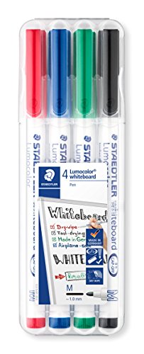 STAEDTLER Whiteboard pen Lumocolor, round tip, approx. 1 mm line width, can be wiped off whiteboards dry and residue-free, high quality Made in Germany, set of 4 brilliant colors, 301 WP4 on sale
