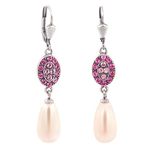 Jugendstil Perlenohrringe Silber Rose Pearl Kristalle aus Österreich hängend NOBEL SCHMUCK im Sale