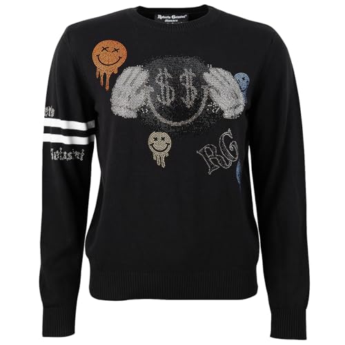 Roberto Geissini Damen Strickpullover Fun schwarz ? Weicher Stoff, Bunte Smiley-Motive - Dollarzeichen aus Strass, Rundhalsausschnitt, Sportliche Akzente, Komfort und Stil für jeden Anlass im Sale