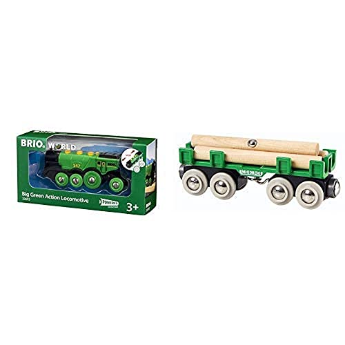 BRIO World 33593 Grüner Gustav elektrische Lok – Batterie-Lokomotive mit Licht & Sound – Kleinkinderspielzeug empfohlen ab 3 Jahren & 33696 - Langholzwagen im Sale