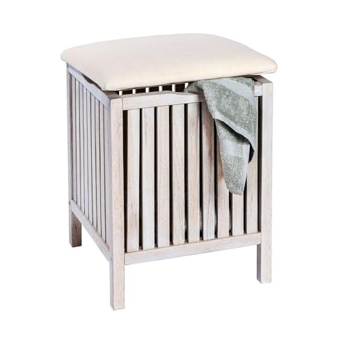WENKO Norway bathroom stool with laundry basket, living stool in shabby chic design with padded and foldable seat as a lid, made of walnut wood, capacity 65 L, 39 x 52 x 39 cm, white on sale
