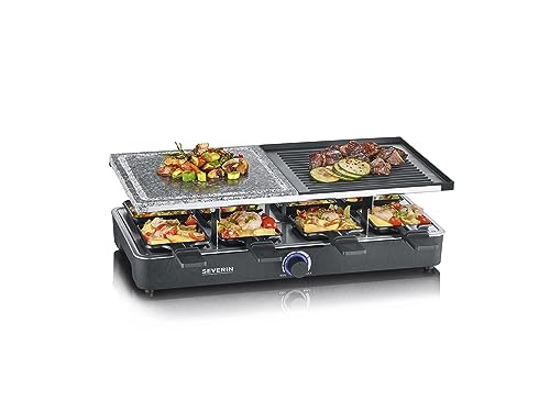 SEVERIN raclette grill with natural grill stone and grill plate, raclette with non-stick grill plate and 8 pans, table grill for 8 people, max. 1300 W, black, RG 2371 on sale