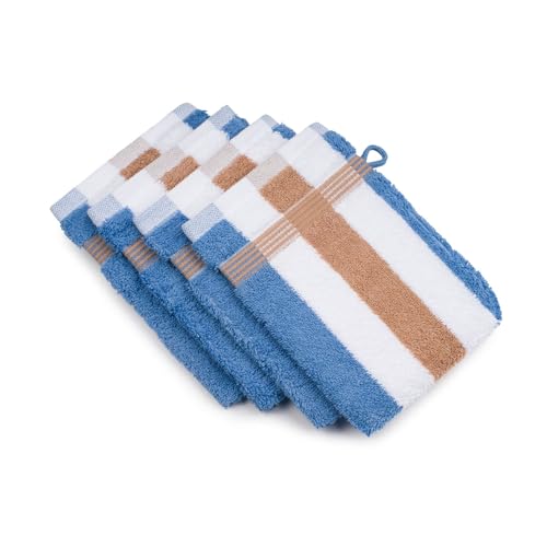 Gözze - New York Streifen Waschhandschuh, 4er Set, Weicher und saugfähiger Waschlappen, 100% Baumwolle, 17 x 24 cm - Marone/Weiß/Fjord im Sale