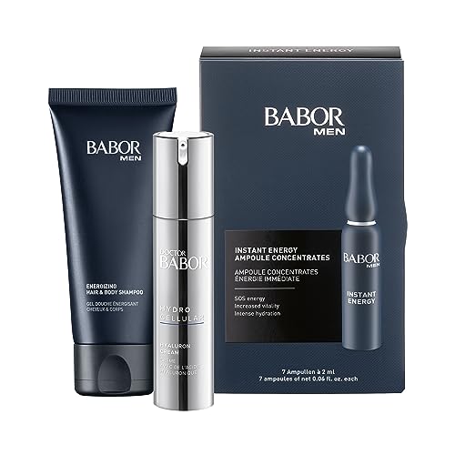 DOCTOR BABOR Hyaluron Cream, 24h moisturizing face cream, 50 ml + BABOR MEN Instant Energy, serum ampoules for the face, 7 x 2 ml + BABOR Men Energizing Hair &amp; Body Shampoo, 200 ml on sale