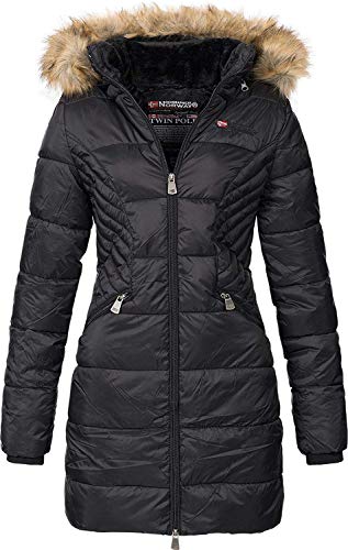 Geographical Norway Abeille Lady - Warm semi-thick parka for women in autumn and winter - Fine coat with hood and faux fur - Windbreaker - Ideal elegant gift for women (Black L - on sale