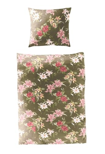 Bierbaum Mako Satin Bettwäsche 135x200cm 2 TLG. Blumenreigen Oliv Grün Rot Gelb im Sale