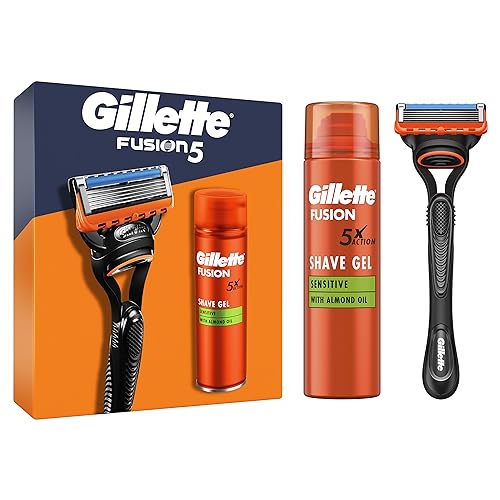 Gillette Fusion 5 Nassrasierer Herren, Geschenkset + 1 Ersatzklinge + Fusion Ultra Sensitive Rasiergel 200 ml, Geschenk für Männer im Sale