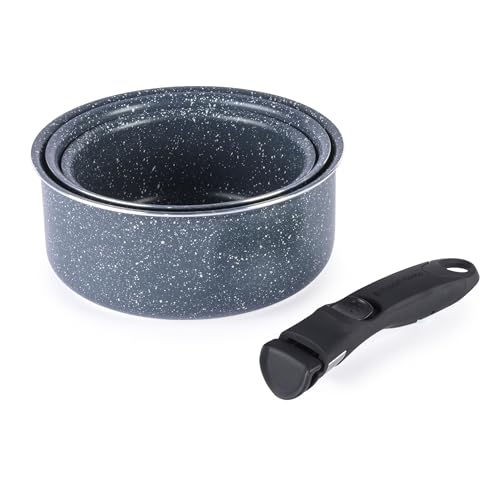 Russell Hobbs RH03294EU7 Smart Clip Topfset - 3 antihaftbeschichtete Töpfe mit abnehmbarem Griff, Induktionsgeeignet, Ofenfest, Platzsparend stapelbar, 16/18/20cm, Nachtstein. im Sale