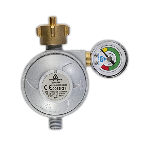 Landmann gas pressure regulator | With pressure gauge &amp; hose rupture protection for safe grilling | Gas pressure reducer/gas regulator with emergency gas shut-off [50 mbar]