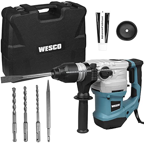WESCO 1500W SDS plus hammer drill, depth stop, 5.5J drilling performance, drill in concrete, 32mm hammer drill, with drill chisel set, anti-vibration, safe clutch, case, demolition hammer on sale