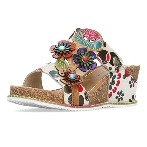 Laura Vita Damen Pantolette Keilabsatz Klettverschluss Blumen Bonito 224, im Sale