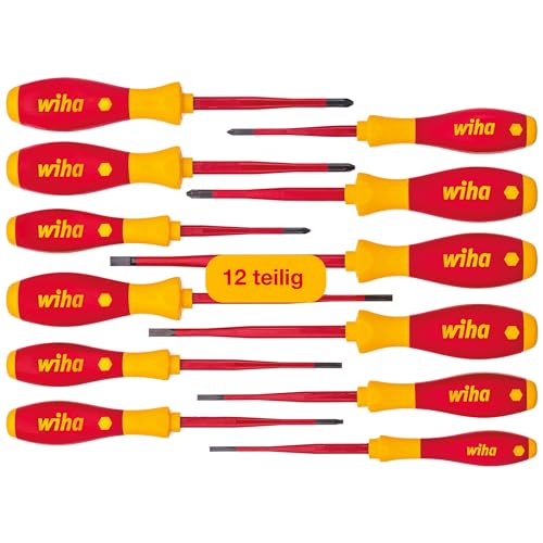 Wiha Schraubendreher Set 12-teilig, VDE geprüft, isoliert 1.000 V (41003) I Profi Schraubenzieher Set mit dünner Spitze Schlitz/Kreuz/Kreuzschlitz/Torx/Plusminus I Elektriker Werkzeug im Sale