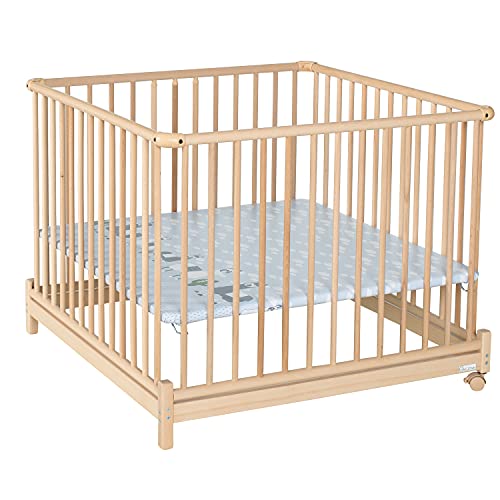 Geuther Laufstall Euro-Parc Plus - zusammenklappbares Laufgitter, TÜV geprüft, aus Holz in Weiß, Dekor: Mint, im Sale