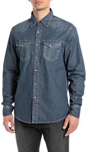 Replay Herren Jeanshemd Langarm Comfort Fit, Blau (Dark Blue 007), im Sale