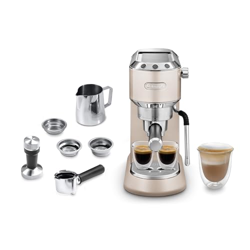 De'Longhi Dedica Arte EC 885.BG, espresso portafilter machine, espresso machine with MyLatteArt milk frother, compact design, 15 cm wide, 1 liter water tank, ESE pod compatible, beige on sale