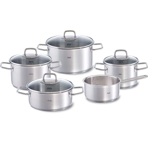 Fissler Viseo / stainless steel pot set, 5-piece, cooking pot set, pots with glass lids, induction, all stove types (3 cooking pots, 1 stewing pot, 1 saucepan without lid) on sale