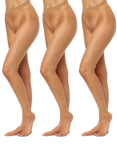 Nur Die Damen 3er Pack Transparent 15 Den Fein-strumpfhose Seidig Glänzende Optik Komfortbund Feine Naht Unsichtbar Strumpfhosen, Beige, (44-48) im Sale