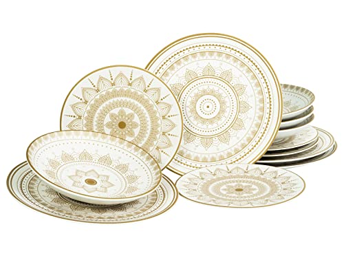 CreaTable, 23607, Serie MANDALA GOLD - weiss, 12-teiliges Geschirrset, Teller Set aus Steinzeug, spülmaschinen- und mikrowellengeeignet, Qualitätsproduktion im Sale