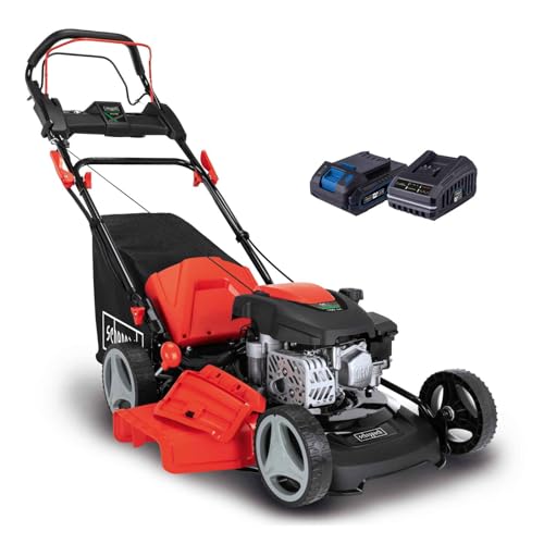 Scheppach MS150-46E Benzin Rasenmäher mit E-Start | 46cm Schnittbreite | Reinigungsfunktion | 55 Liter Fangkorb | Stahlgehäuse | 7-stufige Höhenverstellung | Mulchfunktion | Radantrieb | Seitenauswurf im Sale