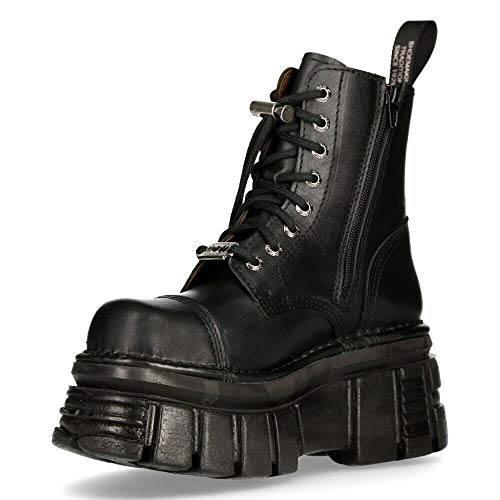 New Rock M-NEWMILI083-S21 Unisex Metallisch Kampfstiefel Schwarzes Leder Militär Biker Gote Punk Schuhe 44 im Sale