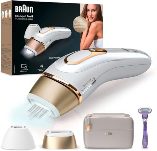 Braun IPL Silk Expert Pro 5 Hair Removal Device for Women, Visible Hair Removal, Designed in Germany, Venus Razor, 3 Attachments, Alternative to Laser Hair Removal, PL5262, White/Gold on Sale