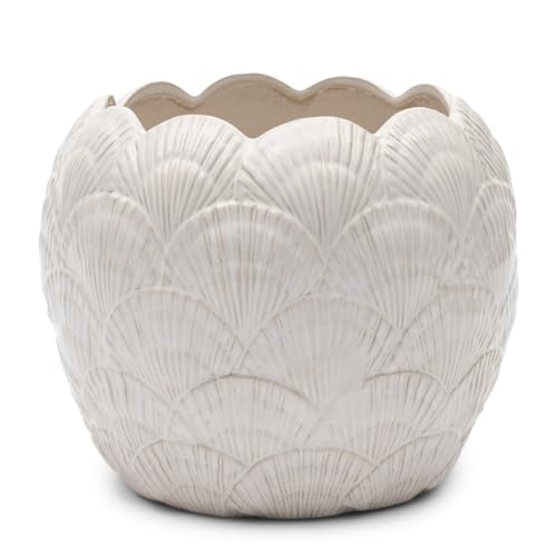 Riviera Maison flowerpot ceramic white and round diameter 24 cm, clay pot for houseplant with shell pattern - Shell Planter - (ØxH) 24x20 on sale