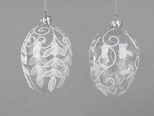 2er Satz Glasei hängend, 12cm 2 Motive Sortiert mit Ranke + Seidenfäden aus klarem Glas mit Ornamenten veredelt im Sale